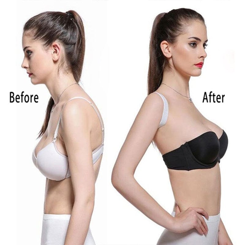 Before and after comparison of a woman wearing a black and white bra.