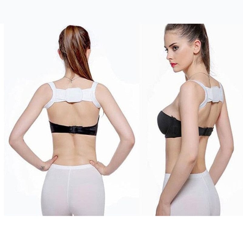 Woman wearing a white back brace with black bra and panties on a white background